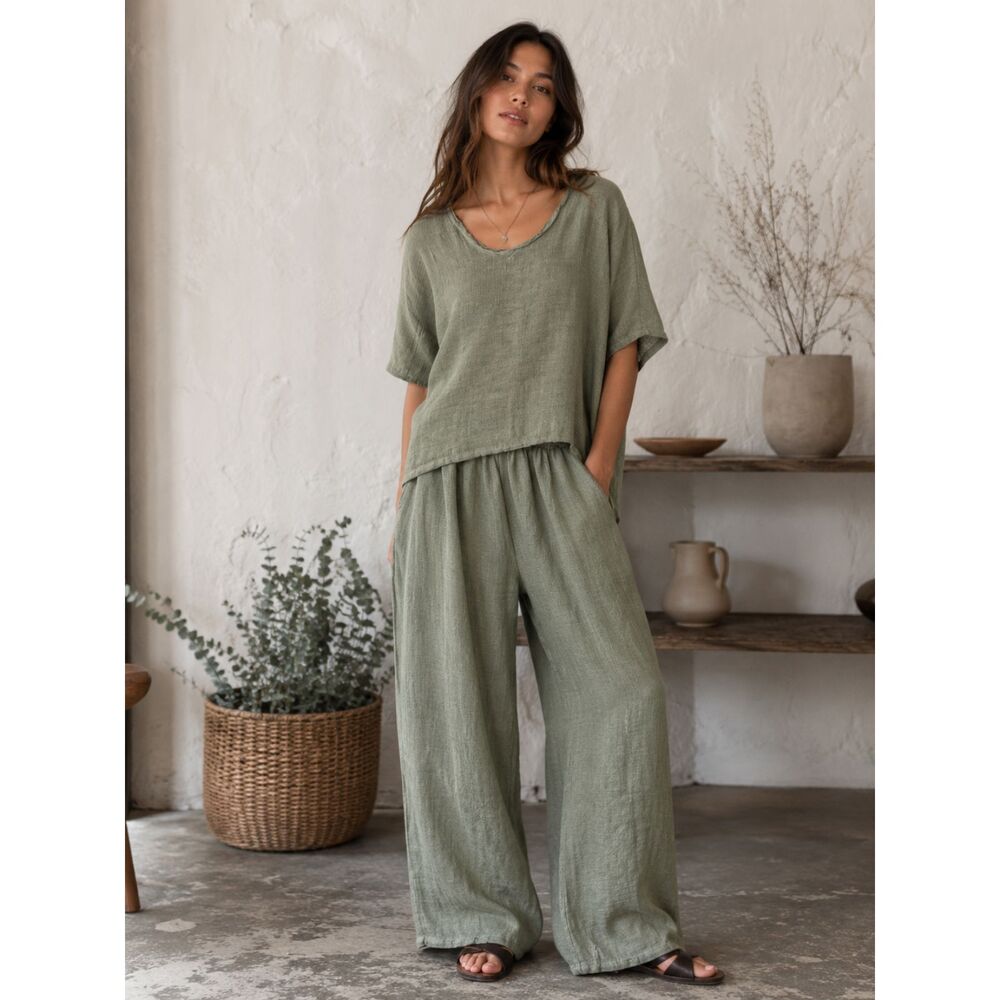Catwalk Studio Green Made in Italy Linen Top and Pants  Women's Size Large
